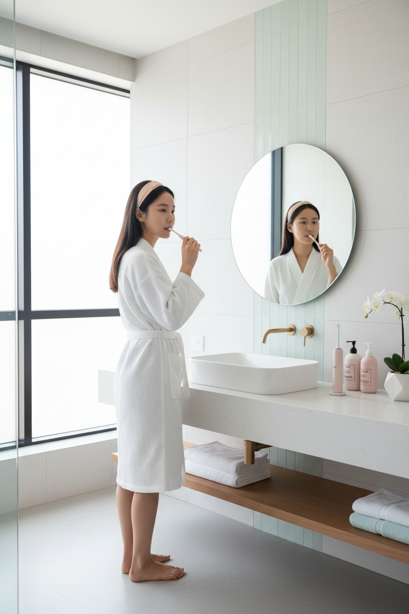 18 åringa snygg koreans som borstar tänderna- modern- ljusa färger