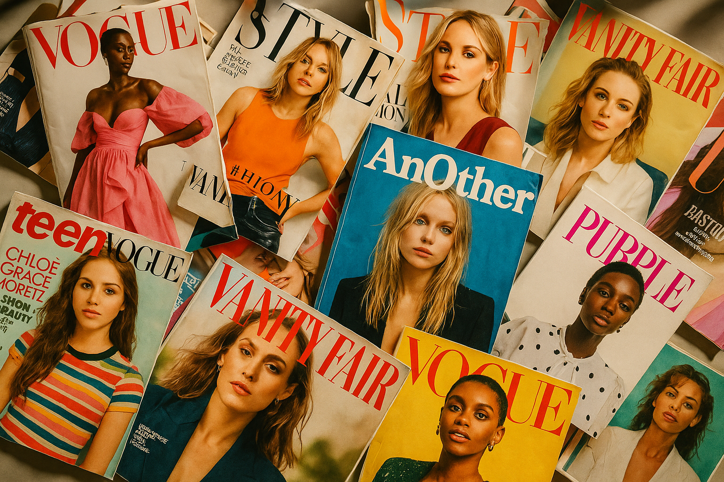 create an image of magazine with Vogue, Elle, Vanity Fair, Teen Vogue, Another Magazine and Purple, fun covers that are in a mess