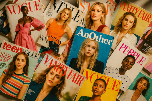 create an image of magazine with Vogue, Elle, Vanity Fair, Teen Vogue, Another Magazine and Purple, fun covers that are in a mess
