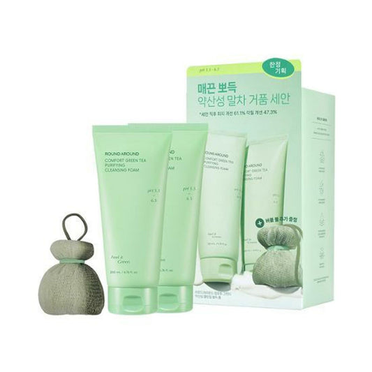 ROUND AROUND Comfort Green Tea Purifying Cleansing Foam 200ml+200ml+Matcha Bubble Ball (Double SET) - LUUELA